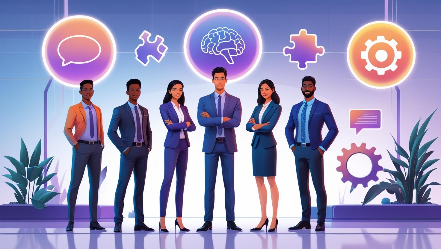 A modern, vibrant illustration showing five diverse professionals (different genders and ethnicities) standing confidently in front of large floating icons representing soft skills — like a chat bubble for commu_377.jpg